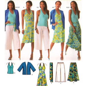 May include: A sewing pattern for a wardrobe featuring a halter top, a dress, a jacket, pants, and a skirt. The pattern is designed by Karen Z.