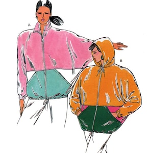 May include: Two women's jackets with contrasting color panels. The jacket on the left is pink, teal, and white. The jacket on the right is orange, green, and pink.