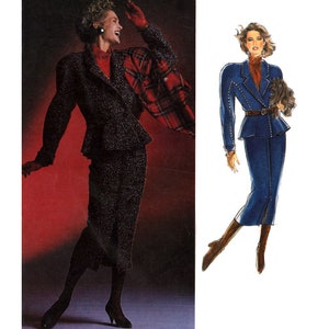 May include: Two women wearing suits. The woman on the left is wearing a black and white suit with a red top and a plaid scarf. The woman on the right is wearing a blue suit with a brown belt.