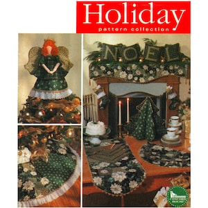 May include: A set of three Christmas-themed fabric crafts featuring a green and white tree skirt, a green and white table runner, and a green and white angel tree topper. The tree topper has red hair and a gold halo. The table runner has a "NOEL" pillow on top of it. The image includes the text "Holiday pattern collection".