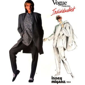 May include: Vogue Patterns Individualist sewing pattern for a black and white striped pantsuit with a long jacket. The pattern is by Issey Miyake and the pattern number is 1664.