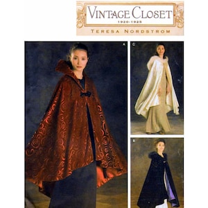 May include: Vintage Closet 1920-1928 Teresa Nordstrom sewing pattern for three different styles of capes. The first cape is red with a swirl pattern, the second is white, and the third is black.
