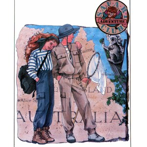 May include: Two children, a girl and a boy, are standing on a map of Australia. The girl is wearing a blue and white striped shirt, blue jeans, and brown boots. The boy is wearing a khaki shirt, khaki trousers, and brown boots. They are both holding a butterfly net. The map shows the cities of Cairns and Alice Springs. The text "SAFARI ADVENTURE CLUB" is on a circular sticker in the top right corner of the image.
