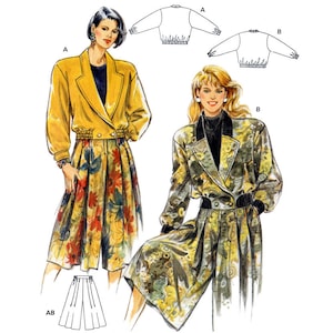 May include: A sewing pattern for a cropped jacket and matching pants. The jacket has a collar and a button closure. The pants are wide-legged and have a pleated front. The pattern is illustrated with two women wearing the garments.