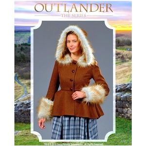 May include: A brown jacket with a faux fur-trimmed hood and cuffs. The jacket has a peplum waist and is buttoned. The image includes a plaid skirt and the text "OUTLANDER THE SERIES".