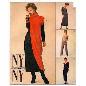 May include: A fashion illustration showcasing three distinct outfits. The first outfit is a long, red and black dress with a turtleneck. The second outfit is a long, grey dress. The third outfit consists of brown trousers and a light brown top. The illustration is labelled "NY The Collection NY".