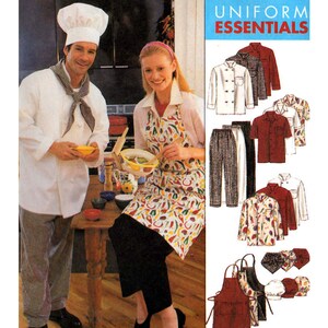 May include: A photograph featuring a chef and a woman in a kitchen, both wearing aprons and chef hats. The image also displays various uniform options, including shirts, trousers, aprons, and chef hats. The text "UNIFORM ESSENTIALS" is visible.