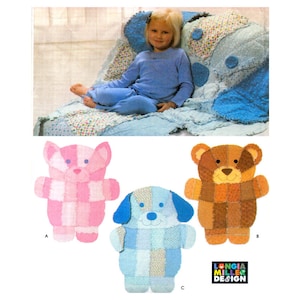 May include: Three patchwork quilt animal toys: a pink bear, a blue dog, and a brown bear. The toys are made from squares of fabric in different colors and patterns. The toys are all lying on a white background.  Longhja Miller Design.