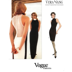 May include: Vogue Patterns sewing pattern for a sleeveless dress with a high neck. The pattern is designed by Vera Wang, Vogue's American designer.
