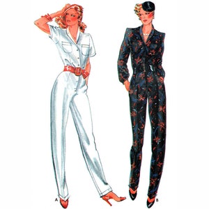 May include: Two women's jumpsuits, one white and one black with a floral print. Both jumpsuits have long pants and a collared shirt with a button closure.