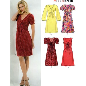 May include: A sewing pattern for four different dresses. The pattern includes a red dress with short sleeves, a yellow dress with long sleeves, a floral print dress with short sleeves, and a red dress with no sleeves. The pattern is called "Just 4 Knits".