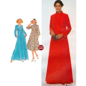 May include: An image showing three women's dresses. One is a long, bright red dress with a high collar. The other two are illustrations of dresses, one in light blue and the other with a floral pattern. The image is a pattern for sewing dresses.
