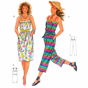 May include: A sewing pattern for two summer outfits. The first outfit is a striped jumpsuit with a wide leg. The second outfit is a floral print sundress with a matching belt. The pattern includes instructions for both outfits.