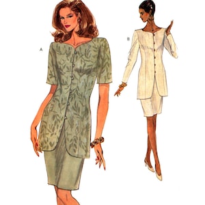 May include: A sewing pattern for a two-piece outfit. The pattern includes a long-sleeved jacket with a button-up front and a skirt. The jacket is shown in white and the skirt is shown in green.