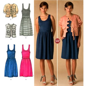 May include: A sewing pattern featuring a variety of dresses and tops. The pattern includes a sleeveless dress with a gathered skirt, a sleeveless dress with a striped skirt, a sleeveless dress with a solid skirt, a jacket with a tie closure, and a vest with pockets.