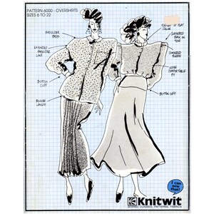 May include: A vintage fashion illustration for Knitwit sewing patterns. The image features two stylized figures showcasing overshirt designs. The text reads "PATTERN 6000 OVERSHIRTS SIZES 6 TO 22". The illustration is on a blue grid background.