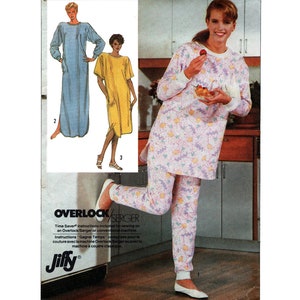 May include: A sewing pattern for a long, loose-fitting nightgown or pajama set. The pattern includes instructions for using an overlock or serger sewing machine. The pattern is called "Jiffy" and is for sizes 8-18.