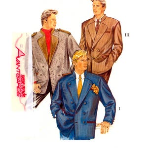 May include: Three men's suit jackets in different colours and styles. The jacket on the left is grey with a brown collar and a red turtleneck underneath. The middle jacket is brown with a double-breasted closure. The jacket on the right is blue with a double-breasted closure and a gold tie. The text "Avant Garde" is visible on the left side of the image.