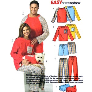 May include: A sewing pattern for pyjamas with different colour and pattern options. The pattern includes a long-sleeved top with a contrasting colour sleeve and a pair of trousers with a plaid pattern. The pattern also includes a dog-sized version of the pyjamas.