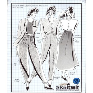 May include: A black and white line drawing of three women wearing different styles of pants and skirts. The drawing is on a gridded background with text that reads "Pattern 8000 Designer Pants and Skirts Sizes 6 to 22" and "Knitwit Sewing Classes Patterns Fabrics".