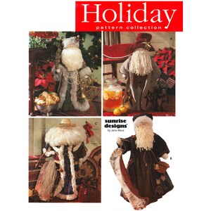 May include: A pattern for making three different Santa Claus dolls. The dolls are dressed in different colours and have different accessories. The pattern is called "Holiday pattern collection" by "Sunrise Designs by Jana Beus".