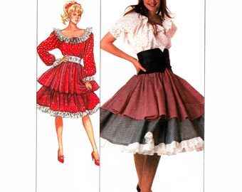 May include: Image of a vintage dress pattern and a woman wearing a similar dress. The dress features a red skirt with tiered layers, a white blouse with polka dots, and a black corset. The pattern shows a red dress with white trim.