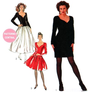 May include: A vintage sewing pattern featuring three dress designs. One dress is black with long sleeves, another is red with a flared skirt, and the third is black with a white skirt. The image includes the text "Patterns Central".