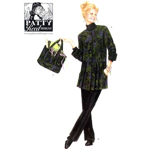 May include: A woman wearing a green and black floral print jacket with a black turtleneck and black trousers. She is holding a green and black tote bag with a floral print. The image includes the text "PATTY Reed DESIGNS" and "www.pattyreeddesigns.com".