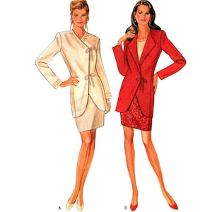 May include: Two women's suits, one in white and one in red. Both suits have a long jacket with a tie at the waist and a skirt.