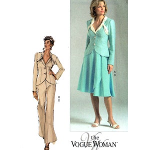 May include: A sewing pattern for a two-piece outfit. The pattern includes a jacket with a V-neck and a skirt with a wrap-around design. The jacket is shown in a light blue colour, and the skirt is shown in a darker blue colour. The pattern is from "The Vogue Woman".