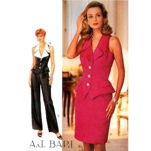 May include: A sewing pattern for a sleeveless, collared, button-up vest and skirt. The vest has a peplum and the skirt is knee-length. The pattern is by A.J. Bari.