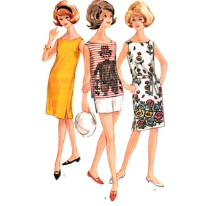May include: Three women wearing sleeveless dresses. The woman on the left is wearing a yellow dress. The woman in the middle is wearing a white dress with a red and white striped top and a black and white graphic. The woman on the right is wearing a white dress with a floral print.