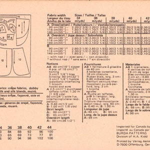 May include: A sewing pattern for a dress and overskirt. The pattern includes instructions for sizes 34 to 44. The pattern is printed on a pink background with black text. The pattern includes a list of materials and notions needed for the project.