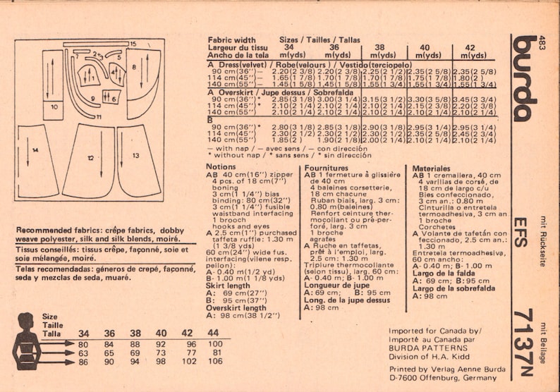 May include: A sewing pattern for a dress and overskirt. The pattern includes instructions for sizes 34 to 44. The pattern is printed on a pink background with black text. The pattern includes a list of materials and notions needed for the project.