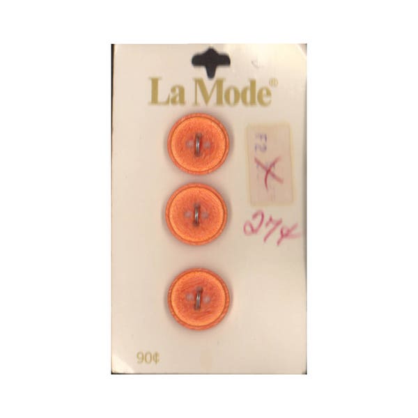 60s La Mode 5/8" (16 mm) Carded Orange Concave Four-Hole Buttons, (B85) Made in Holland, Three on Card