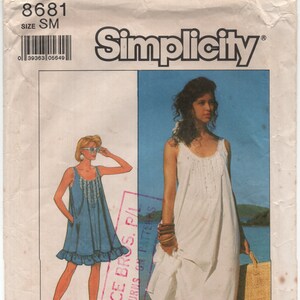 May include: Simplicity sewing pattern number 8681 for a sleeveless dress with a ruffled hem. The pattern is for size small and includes instructions for using an overlock or serger machine.