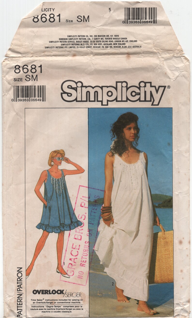 May include: Simplicity sewing pattern number 8681 for a sleeveless dress with a ruffled hem. The pattern is for size small and includes instructions for using an overlock or serger machine.