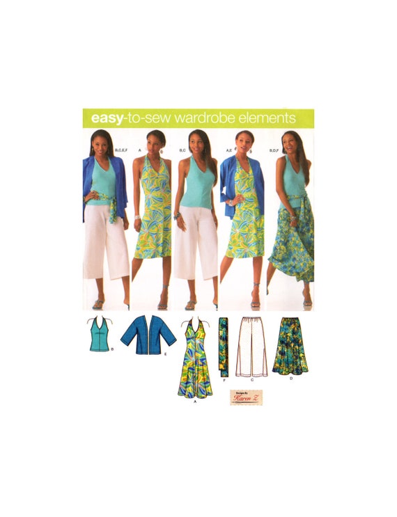 Simplicity 4193 Summer Wardrobe: Kimono Jacket, Skirt, Sash, Gaucho Pants, Dress and Top, Uncut, Factory Folded Sewing Pattern Size 10-18