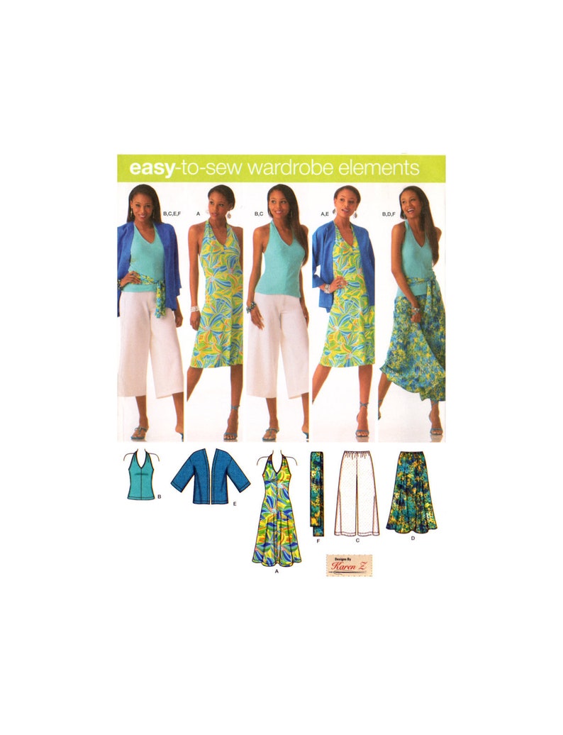 May include: A sewing pattern for a wardrobe featuring a halter top, a dress, a jacket, pants, and a skirt. The pattern is designed by Karen Z.