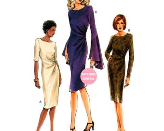 Sewing Pattern: Vogue 7762 Side Front Pleated Dress with Sleeve Variations, Uncut, Factory Folded, Various Sizes