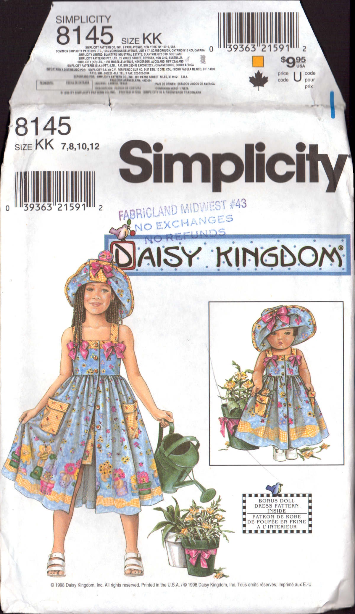 Simplicity 8145 Daisy Kingdom Child's Sundress, Hat and 18