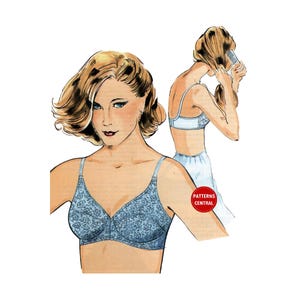 May include: A blue and white patterned bra with adjustable straps. The bra has a smooth, seamless cup and is designed for comfort and support. The image also shows a woman wearing the bra and adjusting her hair.