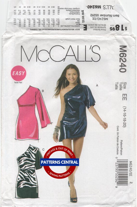 one shoulder dress pattern mccalls Sewing Pattern: McCall's 6240 One Shoulder Party Dress in Two Lengths,  Uncut, Factory Folded, Bust 36-42 (92-107 cm)