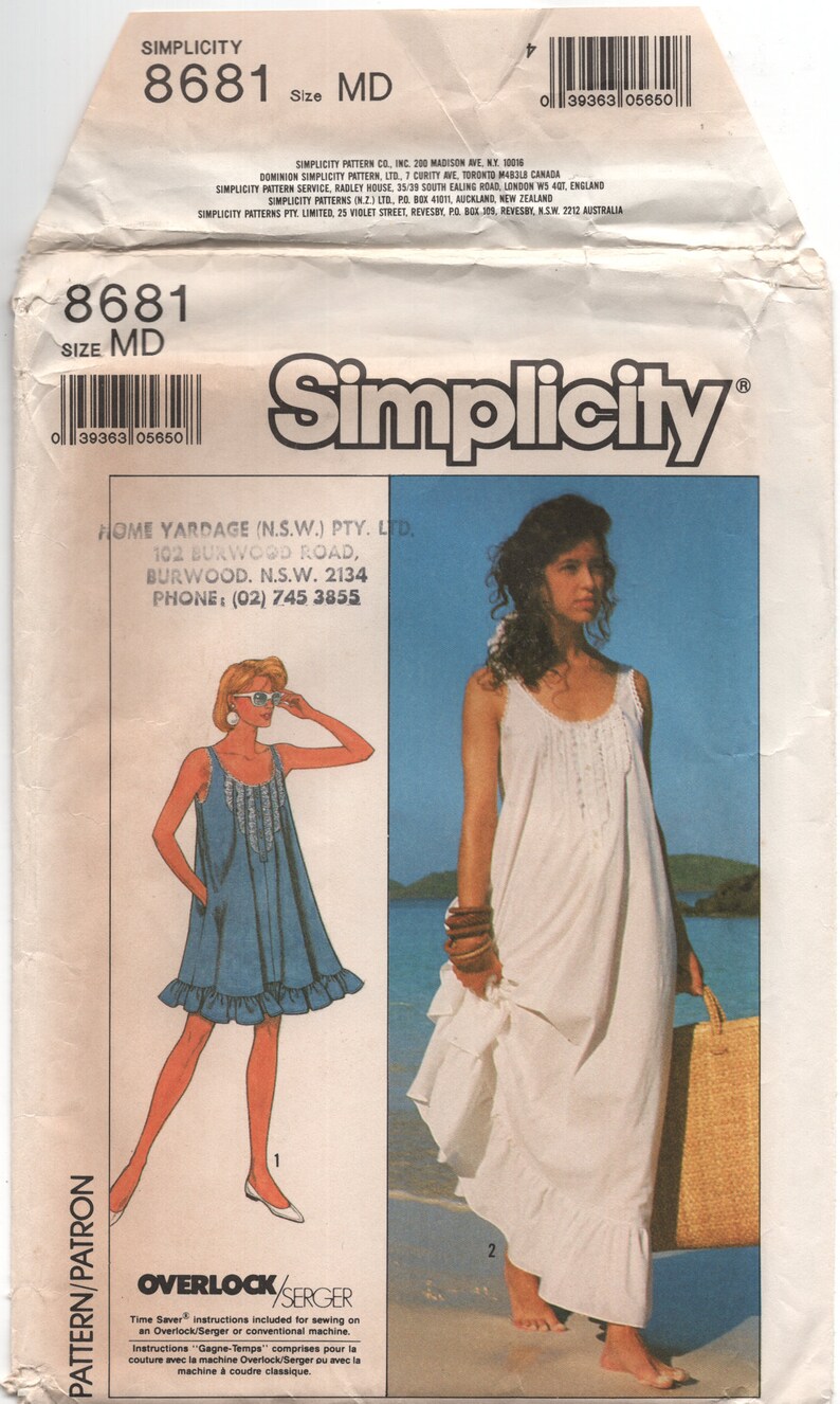 May include: Simplicity sewing pattern number 8681 for a sleeveless dress with a ruffled hem. The pattern includes instructions for using an overlock or serger sewing machine.