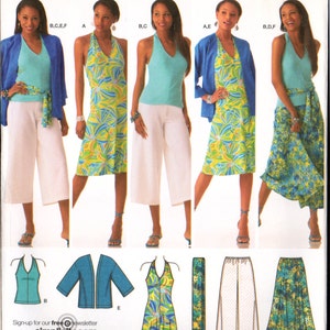 May include: A sewing pattern for a women's wardrobe featuring a halter top, a dress, a skirt, pants, and a jacket. The pattern is for sizes 10, 12, 14, 16, and 18. The pattern is from Simplicity and is designed by Karen Z.