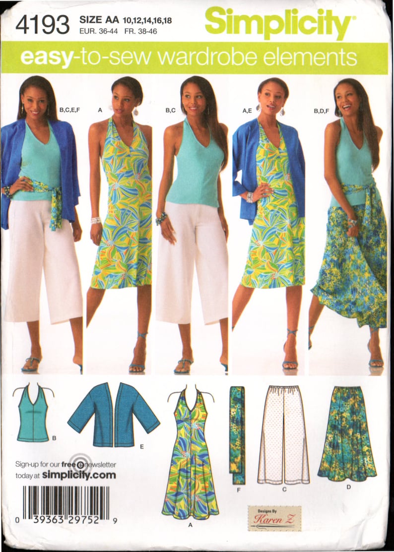 May include: A sewing pattern for a women's wardrobe featuring a halter top, a dress, a skirt, pants, and a jacket. The pattern is for sizes 10, 12, 14, 16, and 18. The pattern is from Simplicity and is designed by Karen Z.