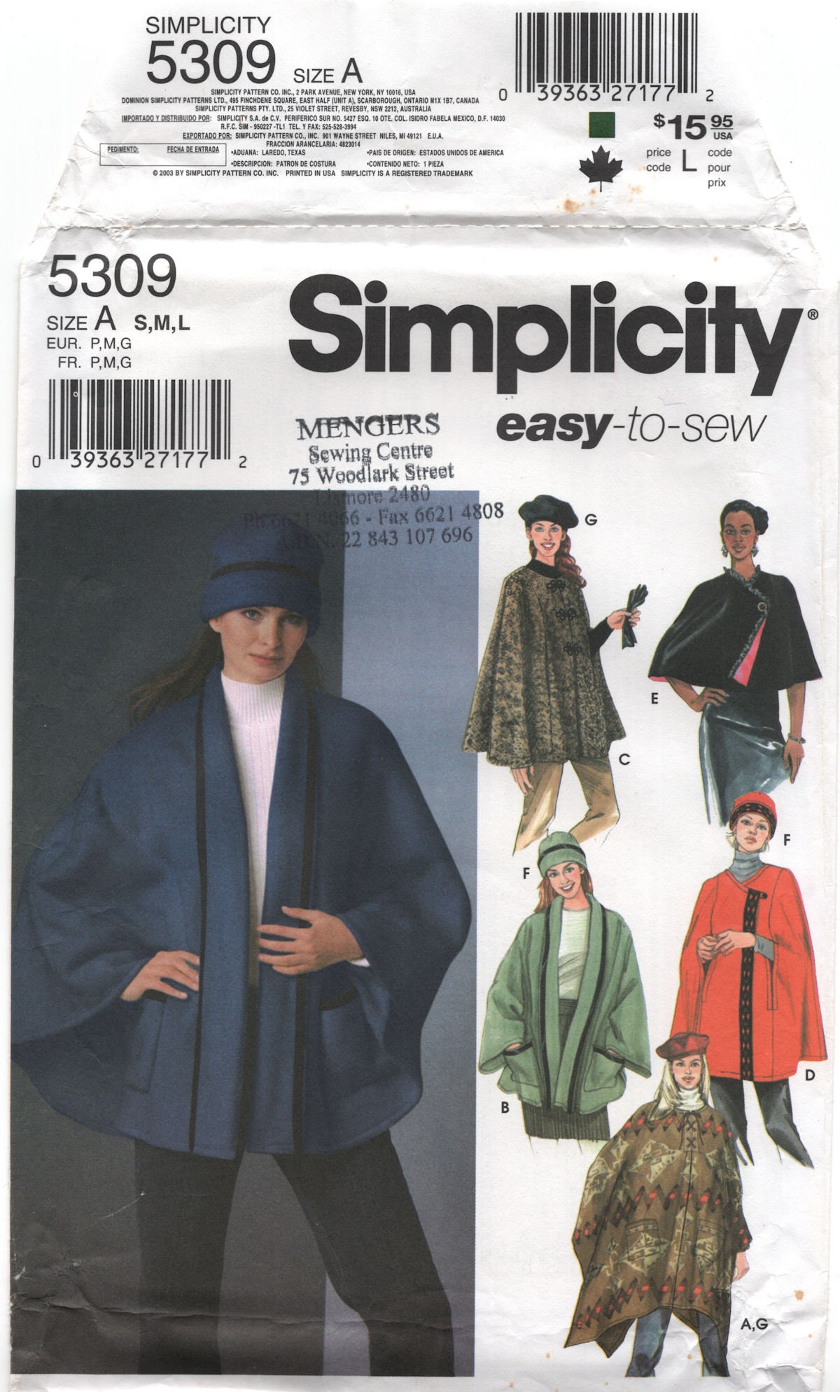 Simplicity 5309 Poncho or Capes in Two Lengths and Hats, Uncut