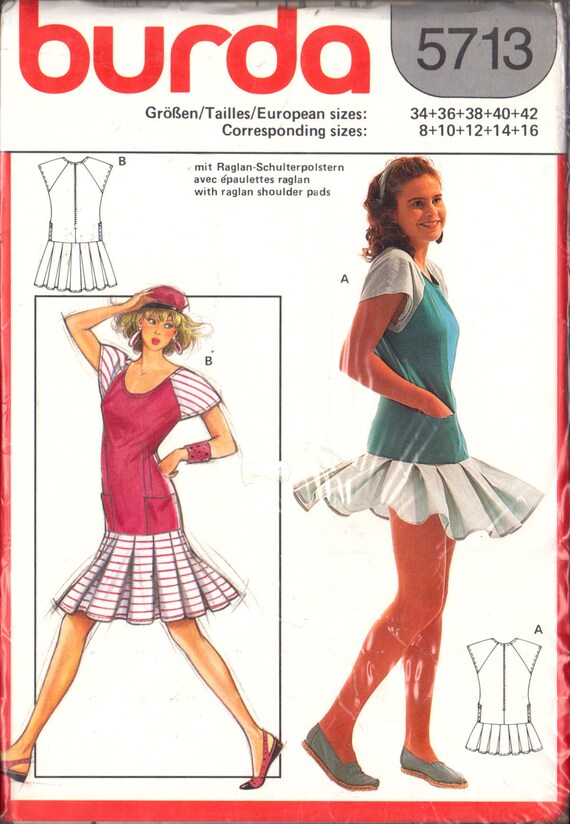 Burda 5713 Drop Waist Dress with Contrast Raglan Sleeves and Box Pleated  Skirt, Uncut, Factory Folded Sewing Pattern Multi Size 8-16