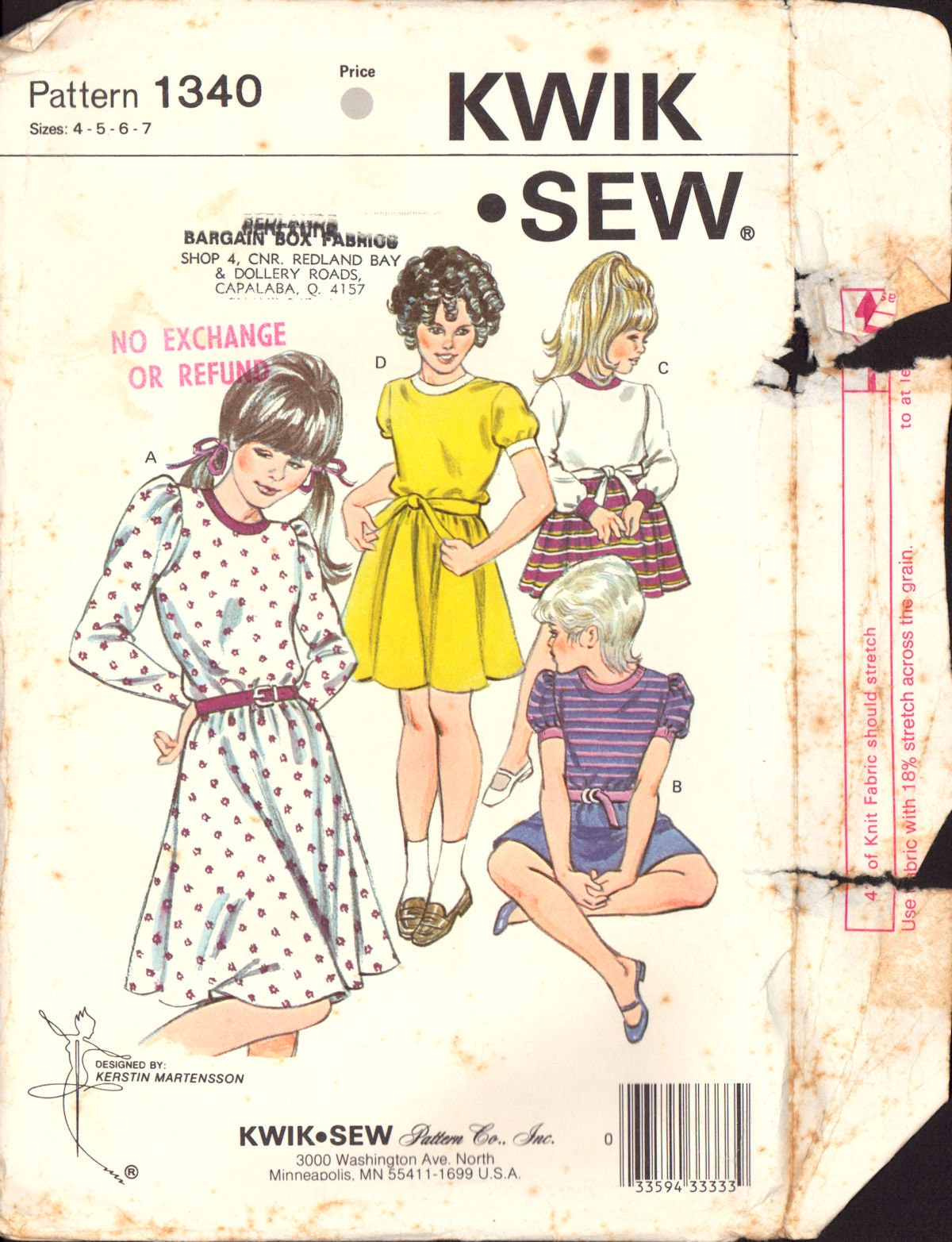 Kwik Sew 1340/1341 Childs' T-shirt Dress With Sleeve Variations