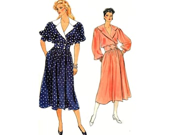 Vogue 9009 Blouson Bodice Wrap Dress with Slightly Flared Skirt and Long or Short Sleeves, Uncut, Factory Folded, Sewing Pattern Size 8